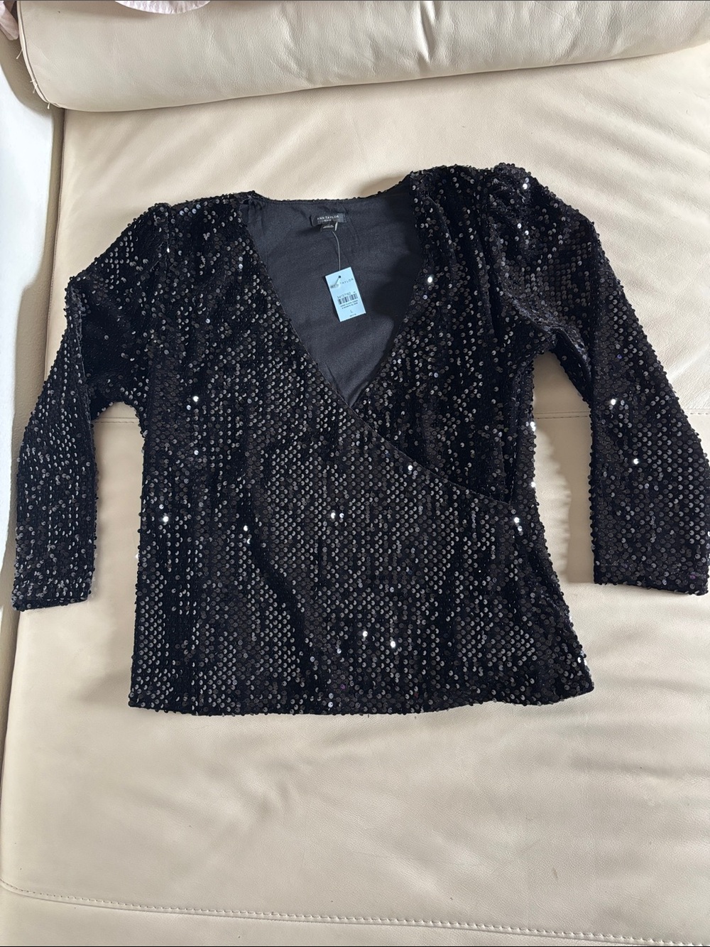 Black Sequin Wrap-Style Top